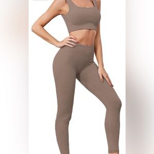 Ribbed Workout Sets for Women 2 Piece High Waist Athletic Leggings +Sports Bra